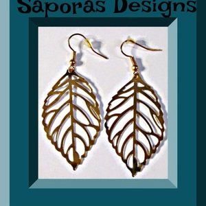 Gold Tone Dangle Leaf Design Earrings For Women/Teens